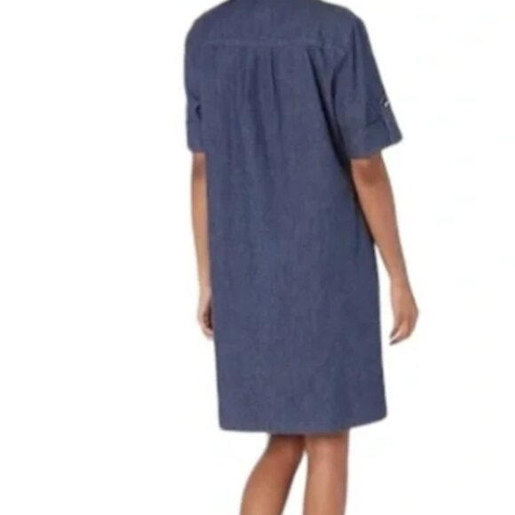 NEW Anne KLein STEFFI Dress Sz 2 Blue Chambray Denim Silver Zipper Roll Tab SLv - Picture 6 of 7